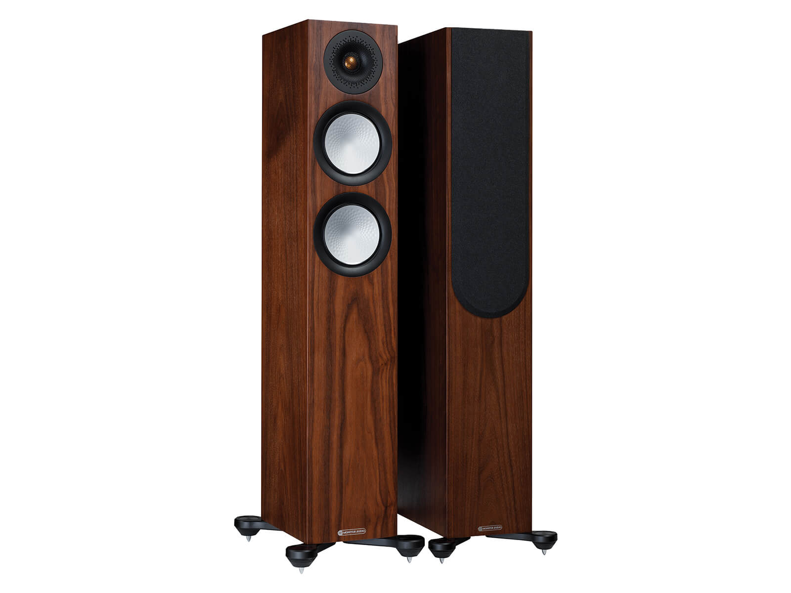 A pair of Monitor Audio's Silver 200 7G, in a natural walnut finish, iso view, with and without grilles.