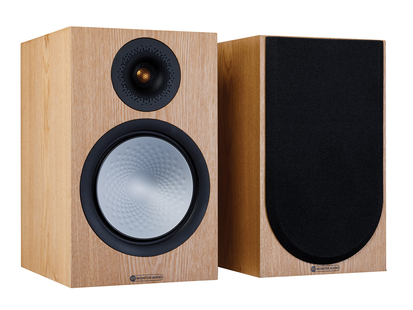 A pair of Monitor Audio's Silver 100 7G, in an ash finish, iso view, with and without grilles.