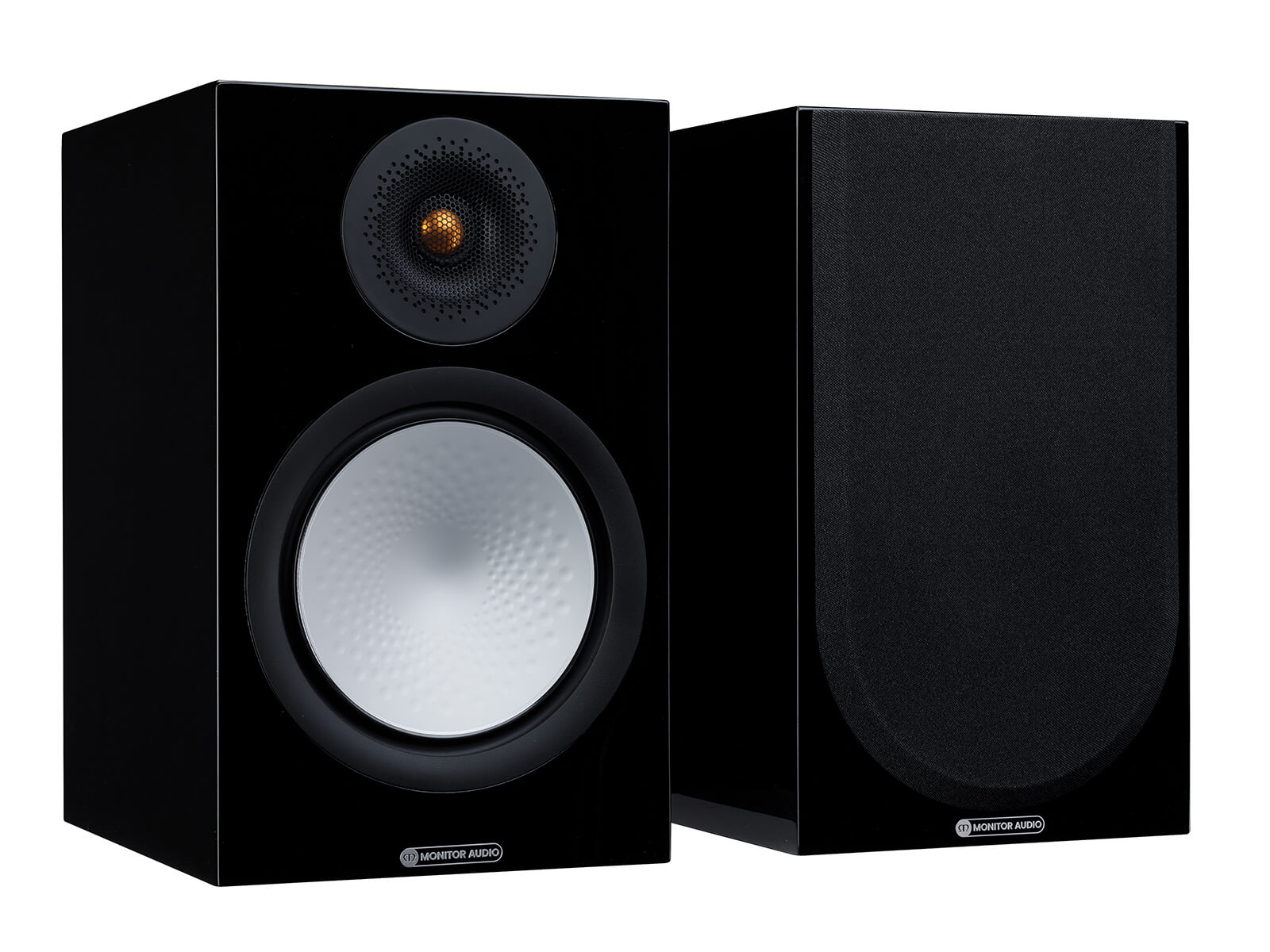 A pair of Monitor Audio's Silver 100 7G, in a high gloss black finish, iso view, with and without grilles.