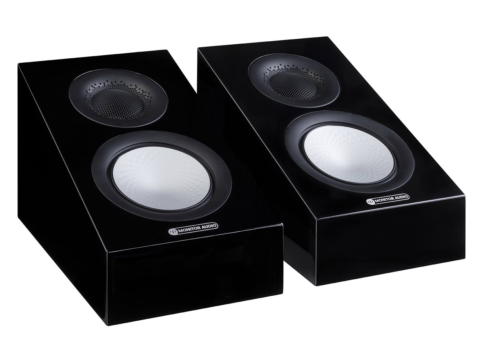 A pair of Monitor Audio's Silver AMS 7G Dolby Atmos®, in a high gloss black finish, iso view, without grilles.