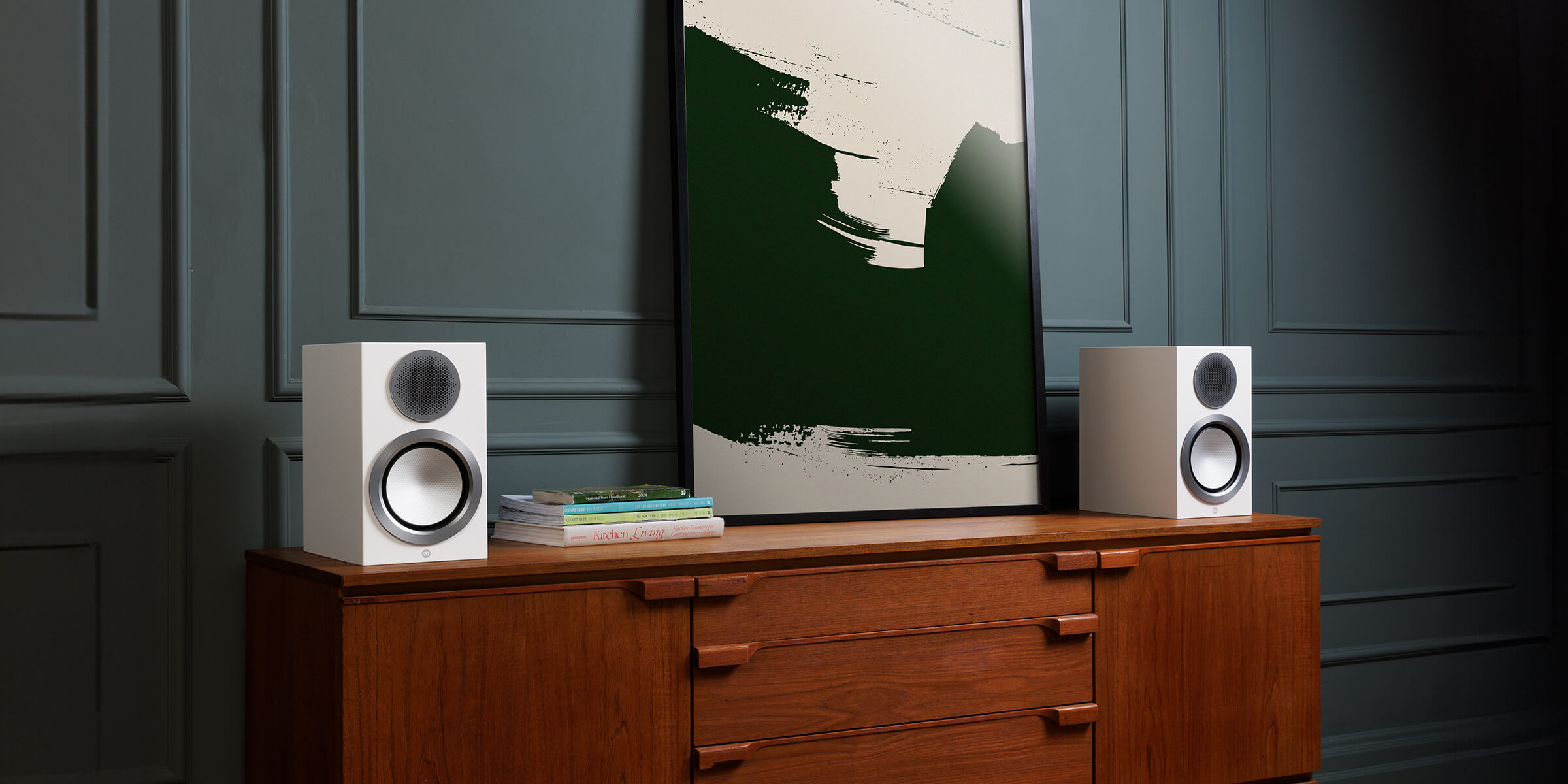 Monitor Audio's Platinum 100 3G, lifestyle, in a Pure Satin White finish.