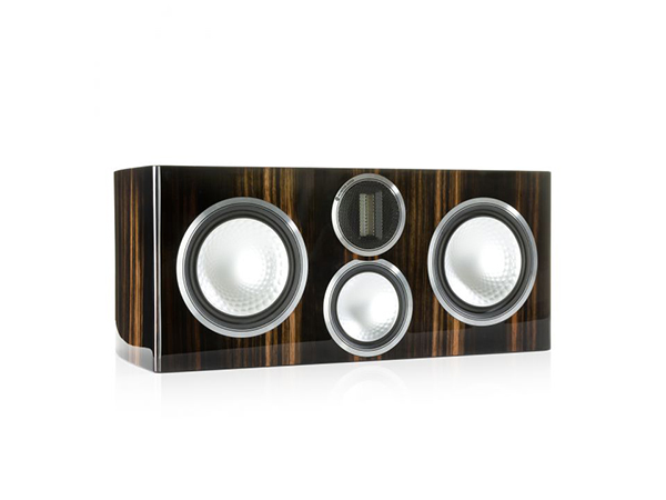 Gold C350, grille-less centre channel speakers, with a piano ebony finish.