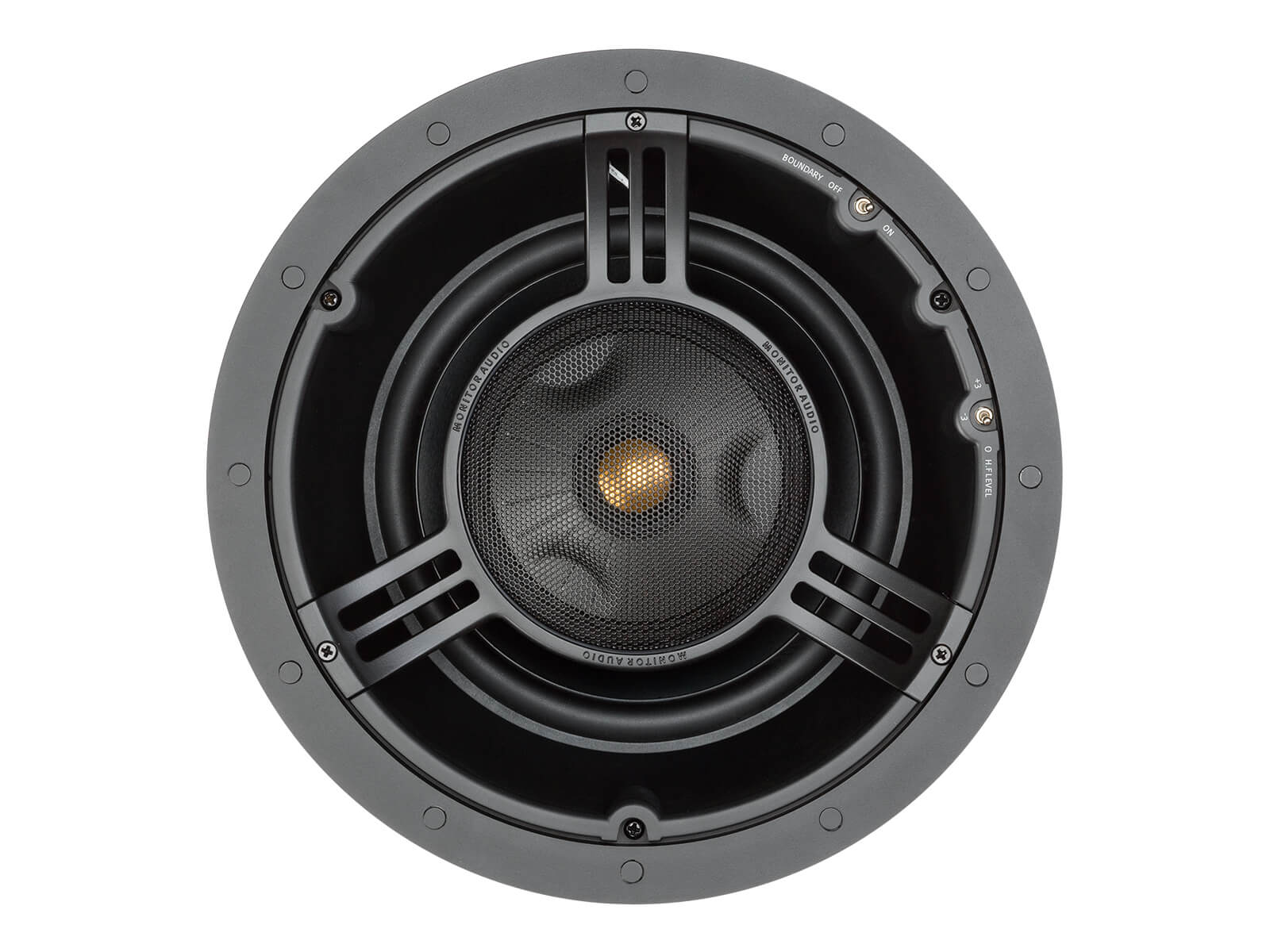 Core C280-IDC, front-on, grille-less in-ceiling speakers.