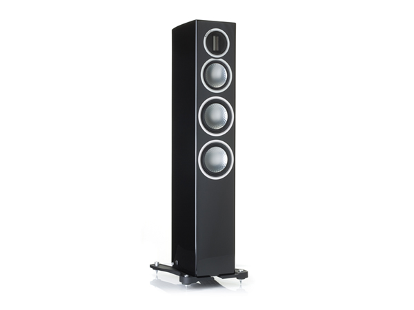 Gold 200, grille-less floorstanding speakers, with a piano black lacquer finish.