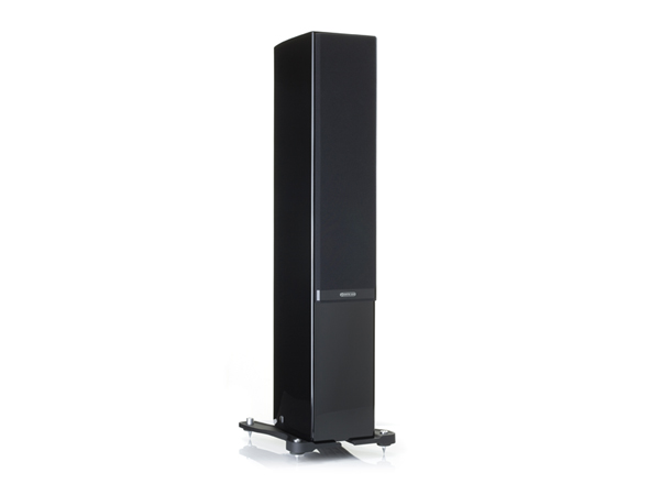 Gold 200, floorstanding speakers, featuring a grille and a piano black lacquer finish. Gold 200, grille-less floorstanding speakers, with a piano black lacquer finish.