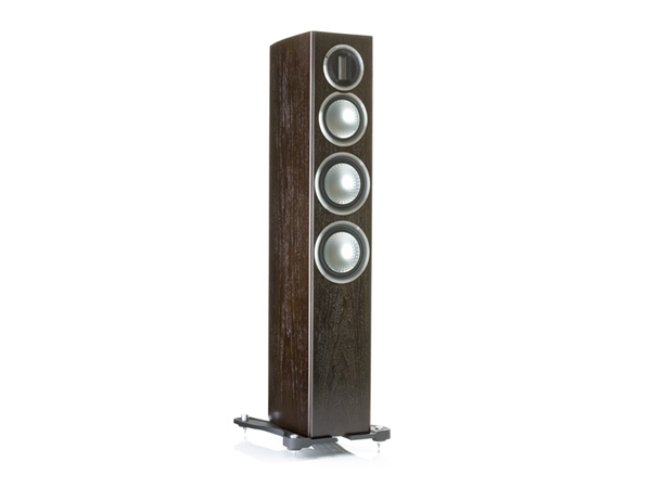Gold 200, grille-less floorstanding speakers, with a dark walnut real wood veneer finish.
