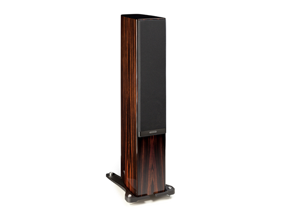 Gold 200, floorstanding speakers, featuring a grille and a piano ebony finish.