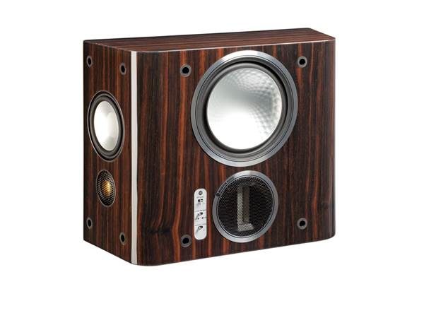 Gold FX, grille-less surround speakers, with a piano ebony finish.