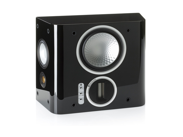 Gold FX, grille-less surround speakers, with a piano black lacquer finish.