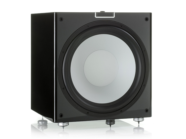 Gold W15 grille-less subwoofer, with a piano black lacquer finish.