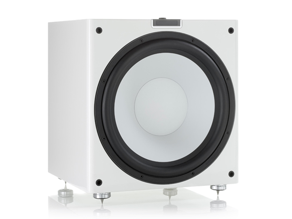 Gold W15 grille-less subwoofer, with a high gloss white lacquer finish.