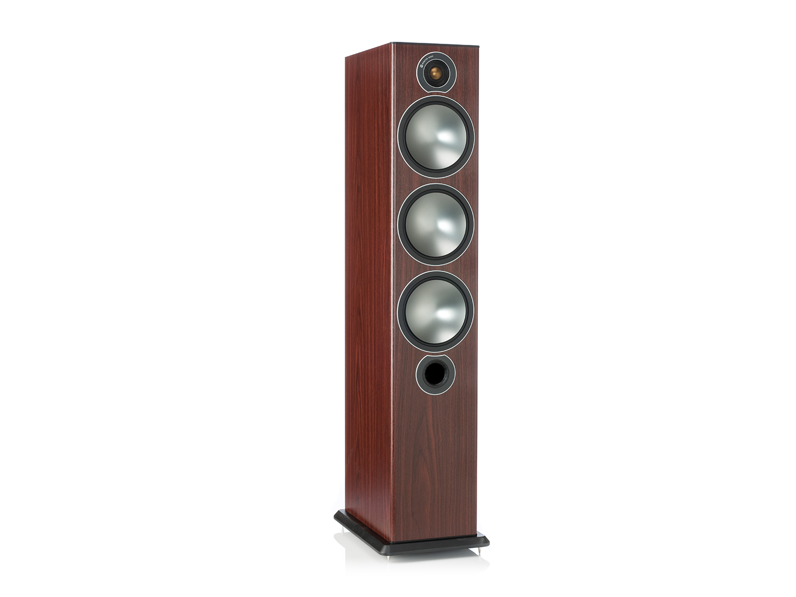 Bronze 6, grille-less floorstanding speakers, with a walnut vinyl finish.