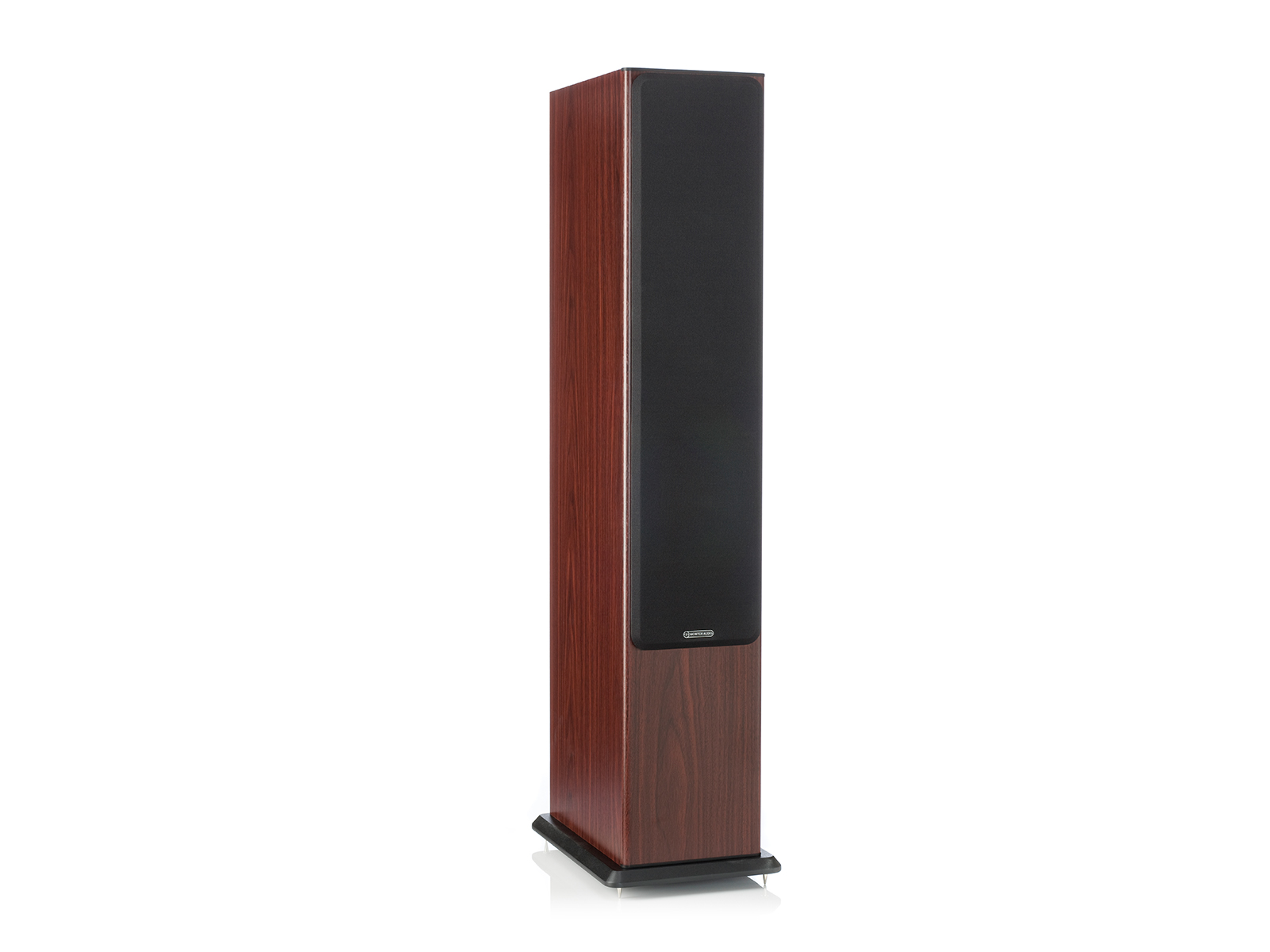 Bronze 6, floorstanding speakers, featuring a grille and a walnut vinyl finish.