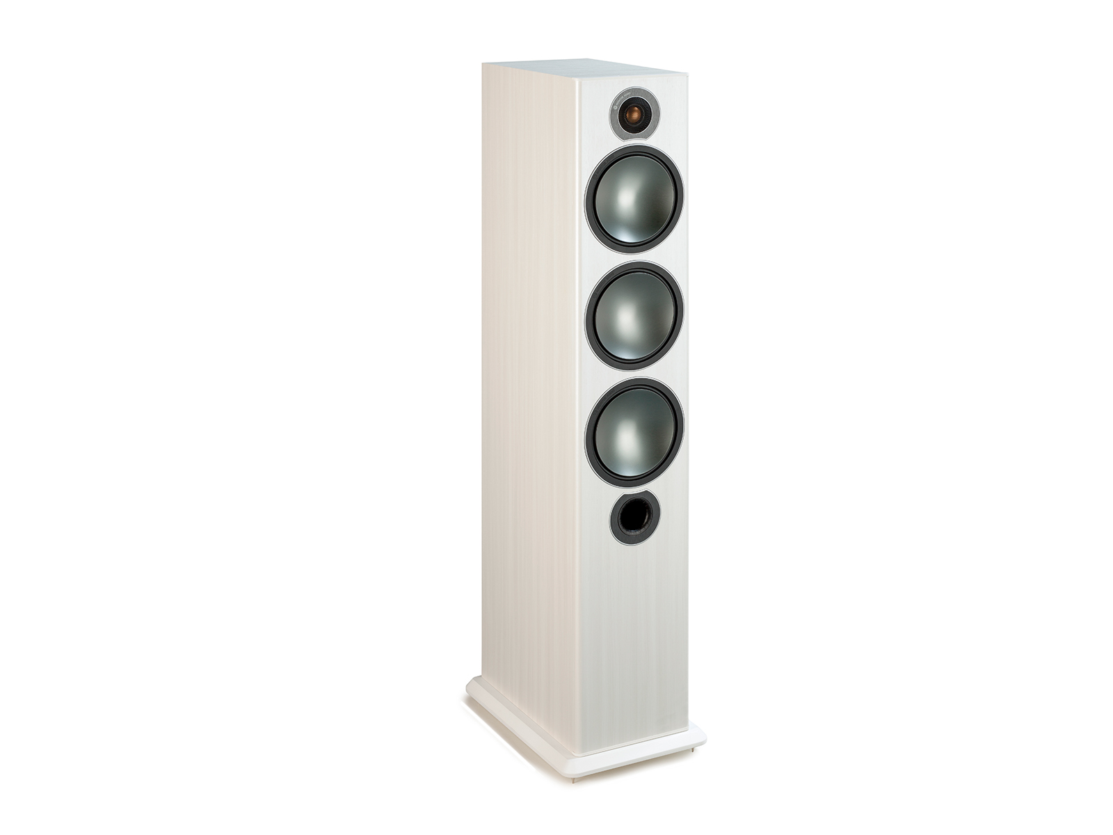 Bronze 6, grille-less floorstanding speakers, with a white ash vinyl finish.