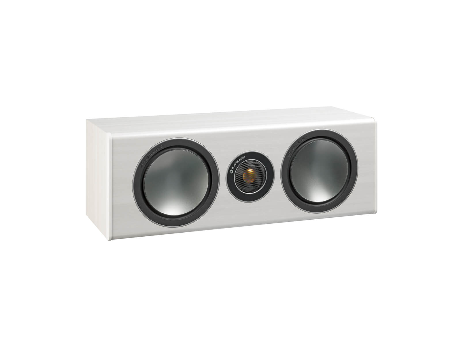 Bronze Centre, grille-less centre channel speakers, with a white ash vinyl finish.