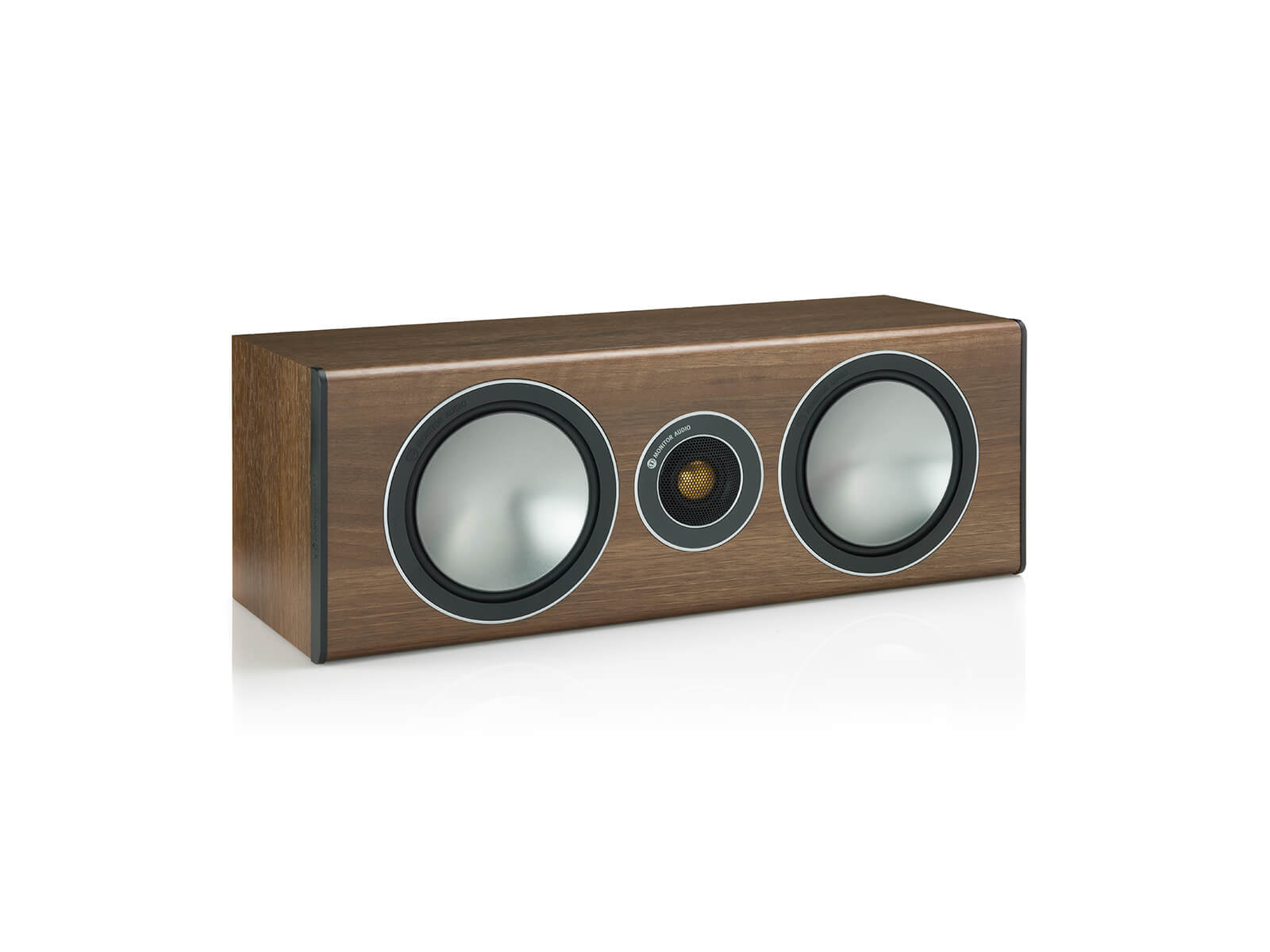 Bronze Centre, grille-less centre channel speakers, with a walnut vinyl finish.