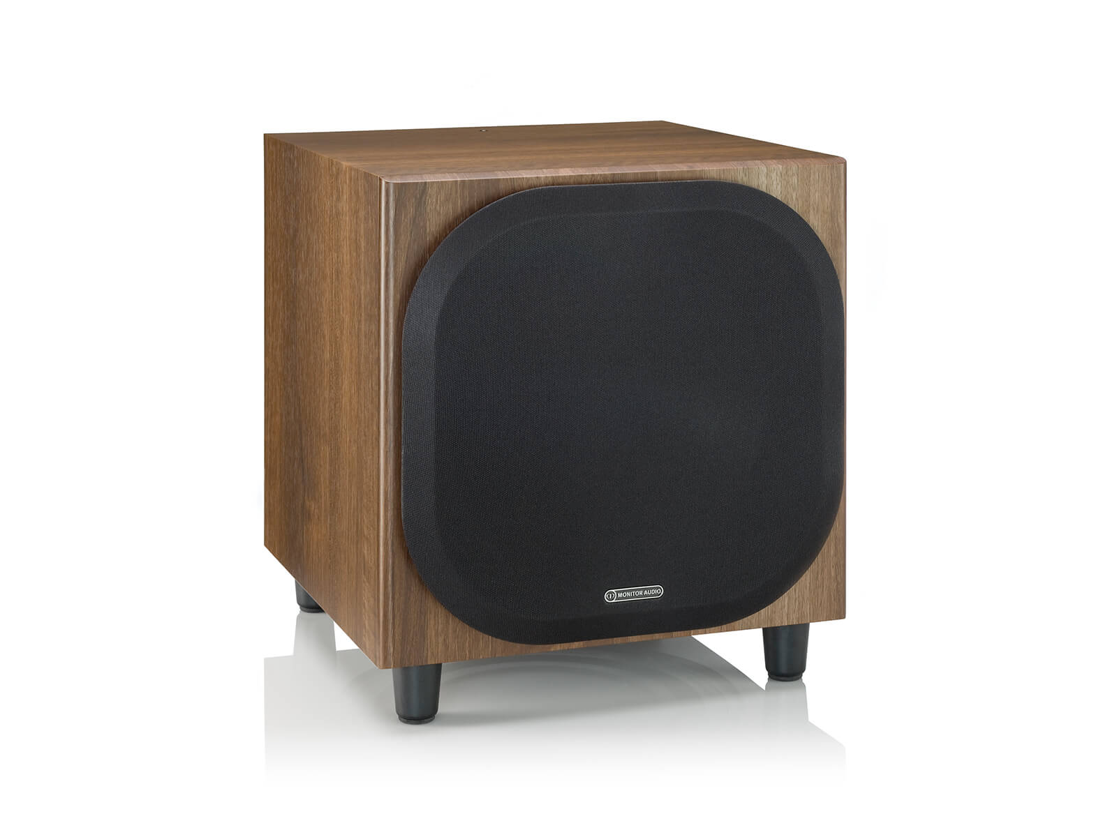 Bronze W10 subwoofer, featuring a grille and a walnut vinyl finish.