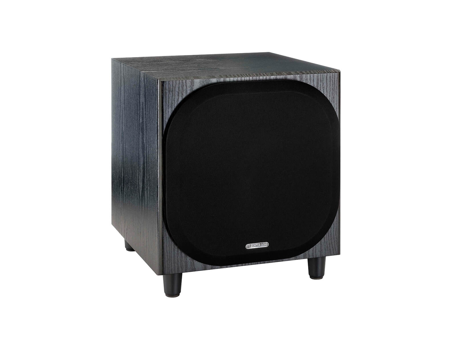 Bronze W10 subwoofer, featuring a grille and a black oak vinyl finish.
