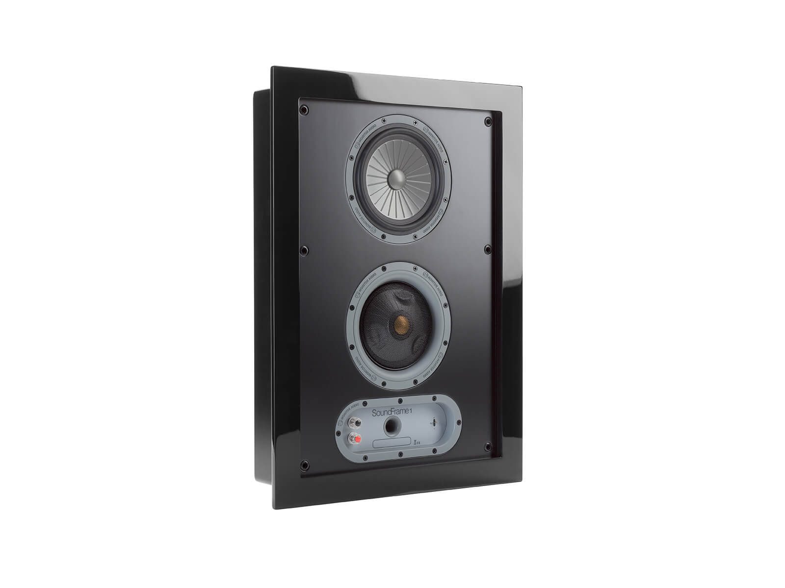 SoundFrame SF1, on-wall speakers, grille-less, with a high gloss black lacquer finish.